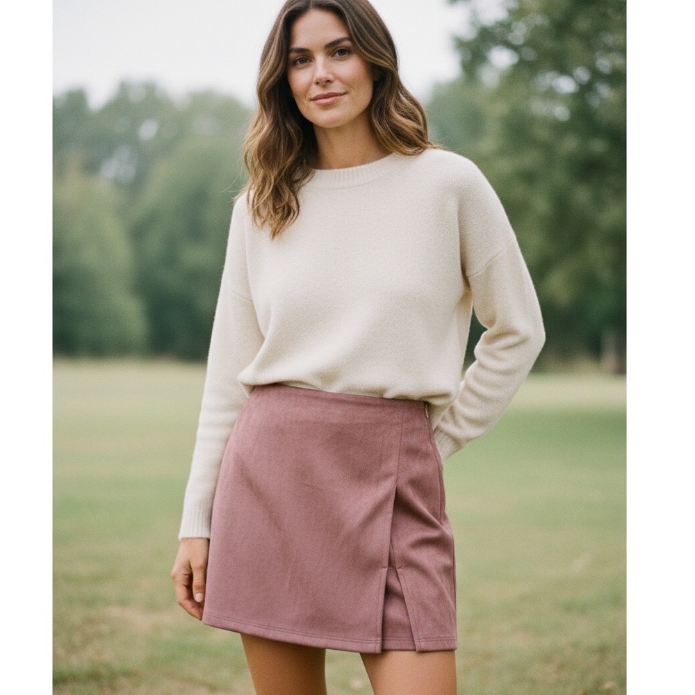 Altar'd State Mauve Faux Suede Mini Skirt Front Slit Preppy Academic Cottagecore